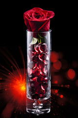 One red Rose in a vase with red glass beads and a red & yellow burst background