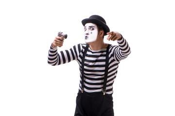 Mime with handgun isolated on white background