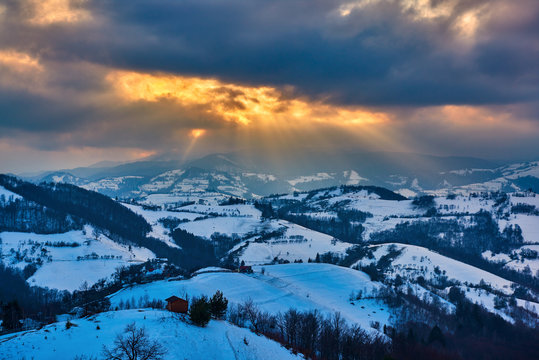 Winter colorful sunset, Amazing landscape in Holbav,Transylvania,Romania,Europe