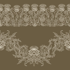  Seamless pattern with thistle flower, background in 
 art nouveau style, vintage, old, retro style.
