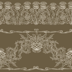  Seamless pattern with thistle flower, background in 
 art nouveau style, vintage, old, retro style.
