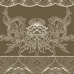 Fototapeta premium Seamless pattern with thistle flower, background in art nouveau style, vintage, old, retro style. 