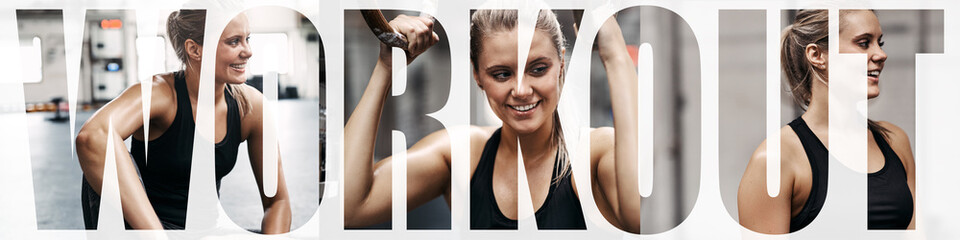 Collage of a young woman smiling after her gym workout