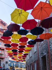 Old Quebec center, sun umbrella on street, street decoration