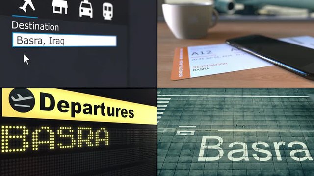 Flight to Basra. Traveling to Iraq conceptual montage animation