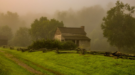 Dan Lawson Place in fog, Cades Cove Great Smoky Mountains National Park