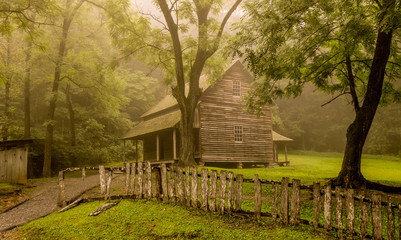 Tipton Place in fog, Cades Cove Great Smoky Mountains National Park