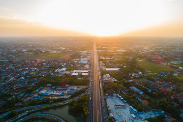 Aerial view transport city overpass road with vehicle movement