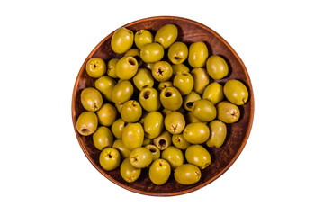 Ceramic plate with green olives isolated on a white background