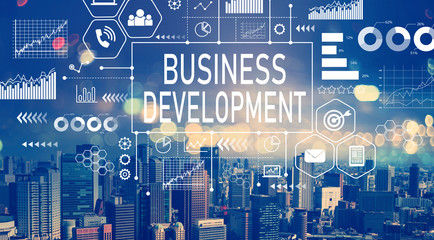 Business Development with aerial view of city skylines at night