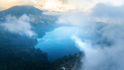 Aerial : cloudy weather at Twin Lake area,North Bali island,Indonesia