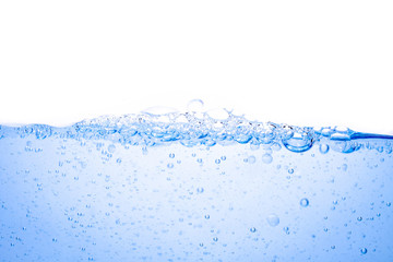 blue water surface with bubbles and splashes isolated on white background.