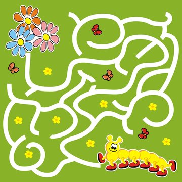 Labyrinth, board game for children, caterpillar and flowers, vector icon