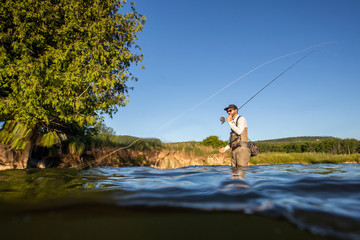 Over underwater shot of a man fly fishing in the summer in a river