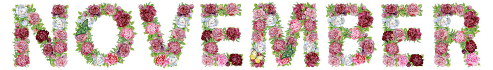 Word November of watercolor flowers