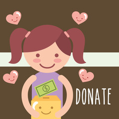 litte girl holding kawaii box with money love donate charity vector illustration