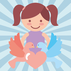 cute girl pigeons heart love donate charity vector illustration