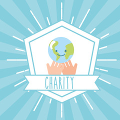 hands with kawaii world retro emblem charity vector illustration