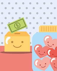 dotted background box with money and jar hearts vector illustration