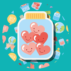 jar glass filled hearts love kawaii charity vector illustration