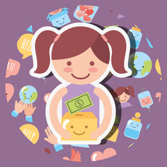little girl with cardboard box money kawaii charity vector illustration