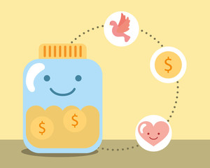kawaii jar glass coins money love heart charity vector illustration