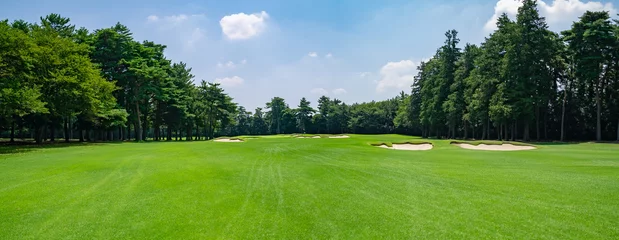 Selbstklebende Fototapeten Panorama view of Golf Course with fairway field in Chiba Prefecture, Japan. Golf course with a rich green turf beautiful scenery. © okimo