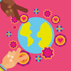 hippie world hands flowers vintage free spirit vector illustration