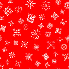 Seamless pattern. White snowflakes on a red backgrounds. For packaging paper
