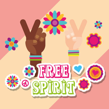 hippie multiracial hands flowers stickers free spirit vector illustration