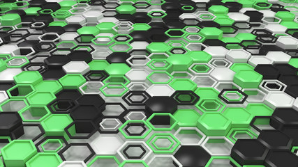 Fototapeta premium Abstract 3d background made of black, white and green hexagons on white background