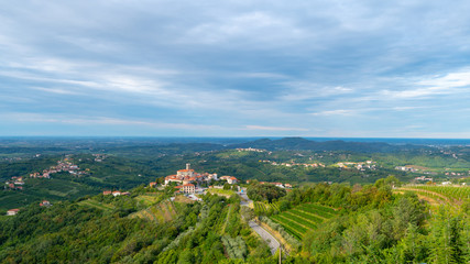 Panoramic view of Smartno in Gorska Brda, Slovenia from above with surrounding vineyards
