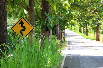 The black and yellow caution sign of winding road ahead of the rural road with 2 sides framed by trees