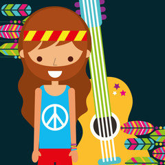 hippie man with guitar musical retro vector illustration