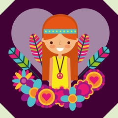 hippie woman free spirit in love heart flowers vector illustration