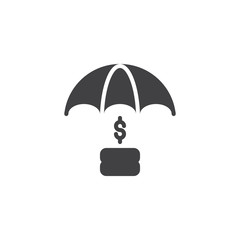 Money Insurance vector icon. filled flat sign for mobile concept and web design. Dollar coins under umbrella simple solid icon. Symbol, logo illustration. Pixel perfect vector graphics