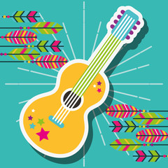Obraz premium retro guitar with stickers and feathers free spirit vector illustration