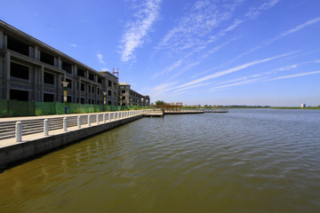 Wide water surface and high rise buildings