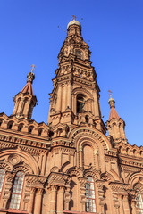Obraz premium The exterior of the belltower of Epiphany Church, the landmark on Bauman Street in Kazan, Tatarstan Republic, Russia. 
