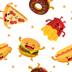 Fastfood pattern. Pizza, donut, french fried, hot dog and burger. Wallpaper.
