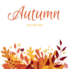 Autumn frame with colorful leaves and berries. Empty space inside of frame. Template for advertising or greeting text. Frame for cards, banners, posters, Hand drawn design.