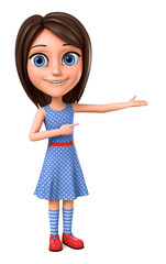 Girl in blue dress points to hands on a white background. 3d render illustration.