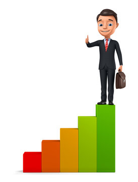 Businessman showing thumb up while climbing stairs on white background. 3d render illustration.