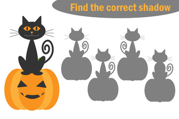 Find the correct shadow, halloween game for children, cartoon cat and pumpkin, education game for kids, preschool worksheet activity, task for the development of logical thinking, vector illustration - 218575920