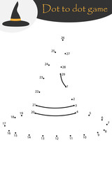 Witch hat in cartoon style, halloween dot to dot game, coloring page, education numbers game for the development of children, kids preschool activity, printable worksheet, vector illustration