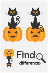 Naklejka premium Find 3 differences, halloween game for children, cartoon cat and pumpkin, education game for kids, preschool worksheet activity, task for the development of logical thinking, vector illustration