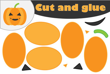 Cartoon pumpkin, halloween education game for the development of preschool children, use scissors and glue to create the applique, cut parts of the image and glue on the paper, vector illustration