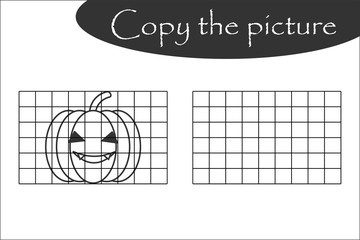 Copy the picture, halloween black white pumpkin, drawing skills training, educational paper game for the development of children, kids preschool activity, printable worksheet, vector illustration