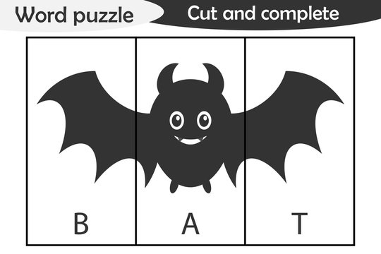 Word puzzle, bat in cartoon style, halloween education game for development of preschool children, use scissors, cut parts of the image and complete the picture, vector illustration