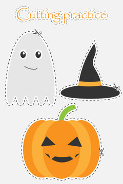 Pumpkin, witch hat and ghost in cartoon style, halloween cutting practice, education game for the development of preschool children, use scissors, cut the images, vector illustration